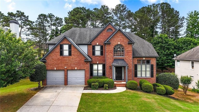 4963 Kingsbridge Ct, Powder Springs, GA 30127 - traditional home with driveway, an attached garage, a front lawn, brick siding, and a shingled roof