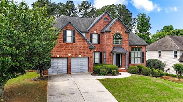 4963 Kingsbridge Ct, Powder Springs, GA 30127 - traditional-style house featuring brick siding, concrete driveway, a front yard, a garage, and roof with shingles