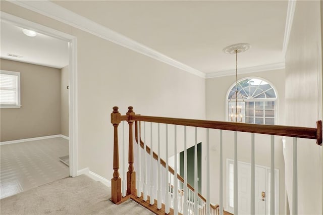 4963 Kingsbridge Ct, Powder Springs, GA 30127 - hall with an upstairs landing, carpet, healthy amount of natural light, and ornamental molding