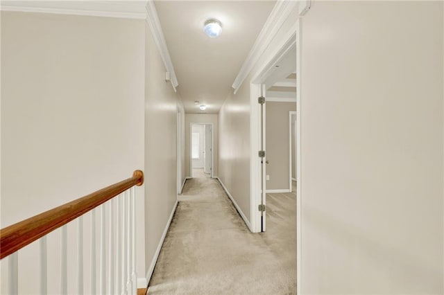 4963 Kingsbridge Ct, Powder Springs, GA 30127 - corridor featuring crown molding, baseboards, light colored carpet, and an upstairs landing