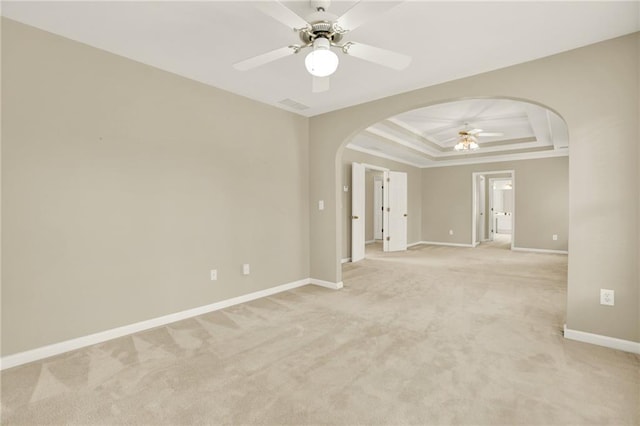 4963 Kingsbridge Ct, Powder Springs, GA 30127 - unfurnished room featuring ceiling fan, arched walkways, light carpet, and baseboards