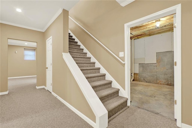 4963 Kingsbridge Ct, Powder Springs, GA 30127 - stairway with ornamental molding, baseboards, recessed lighting, and carpet