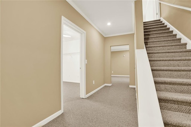 4963 Kingsbridge Ct, Powder Springs, GA 30127 - staircase with crown molding, carpet floors, baseboards, and recessed lighting