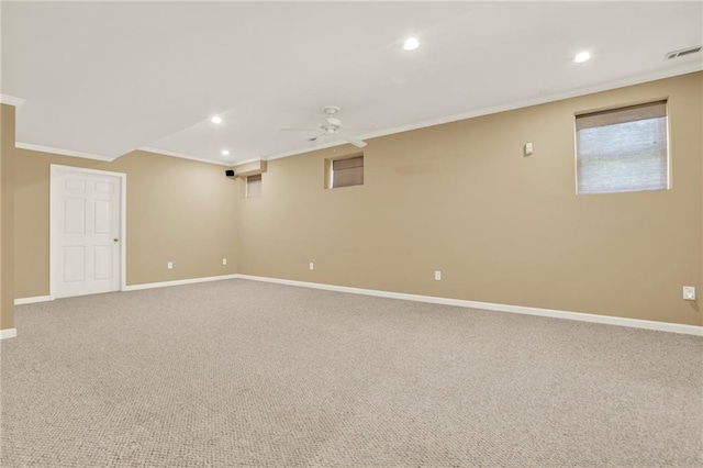 4963 Kingsbridge Ct, Powder Springs, GA 30127 - basement featuring ornamental molding, baseboards, recessed lighting, ceiling fan, and carpet