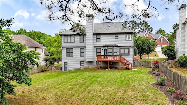 4963 Kingsbridge Ct, Powder Springs, GA 30127 - back of house with stairs, a chimney, and a wooden deck
