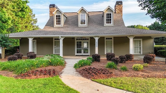 4963 Kingsbridge Ct, Powder Springs, GA 30127 - farmhouse inspired home featuring a chimney, a porch, and roof with shingles