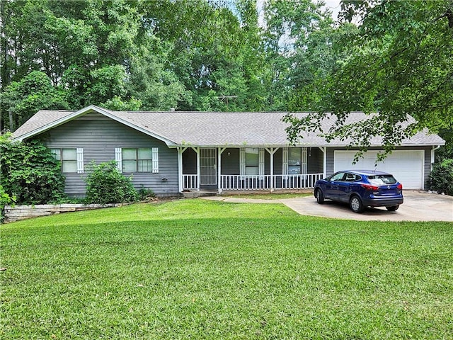 195 Lakeside Dr, Ellenwood, GA 30294 - single story home with covered porch, concrete driveway, an attached garage, a front lawn, and roof with shingles