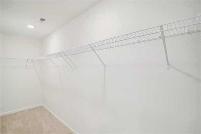 walk in closet with light colored carpet