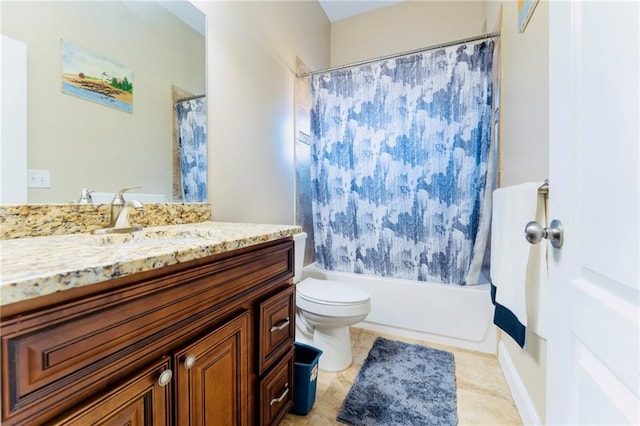 bathroom with toilet, tile patterned flooring, shower / bath combination with curtain, and vanity