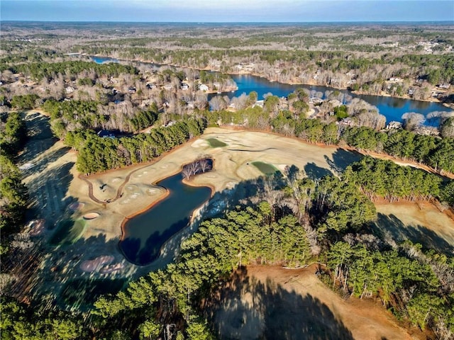 birds eye view of property with a water view and a view of trees