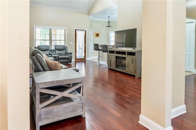 living area featuring crown molding, baseboards, and wood finished floors