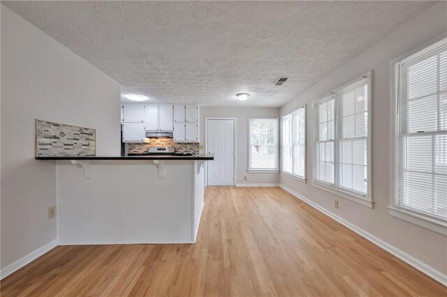 kitchen with a textured ceiling, decorative backsplash, and light hardwood / wood-style flooring