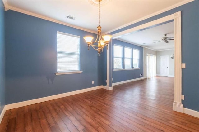 unfurnished room with hardwood / wood-style flooring, crown molding, and ceiling fan with notable chandelier