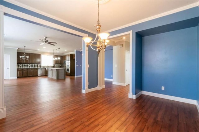 unfurnished living room with crown molding, dark wood-type flooring, and ceiling fan with notable chandelier