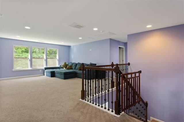 211 Parc Dr, Canton, GA 30114 - hallway featuring attic access, an upstairs landing, carpet flooring, recessed lighting, and baseboards