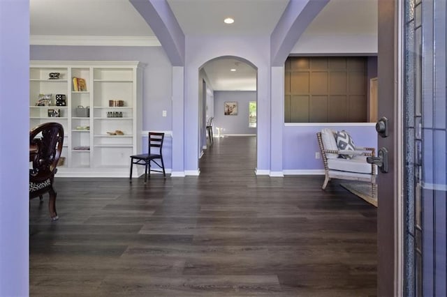 211 Parc Dr, Canton, GA 30114 - foyer with arched walkways, dark wood-style floors, baseboards, crown molding, and recessed lighting