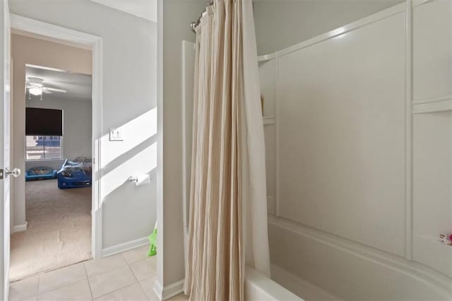 211 Parc Dr, Canton, GA 30114 - bathroom featuring shower / bathtub combination with curtain, tile patterned floors, ceiling fan, and baseboards