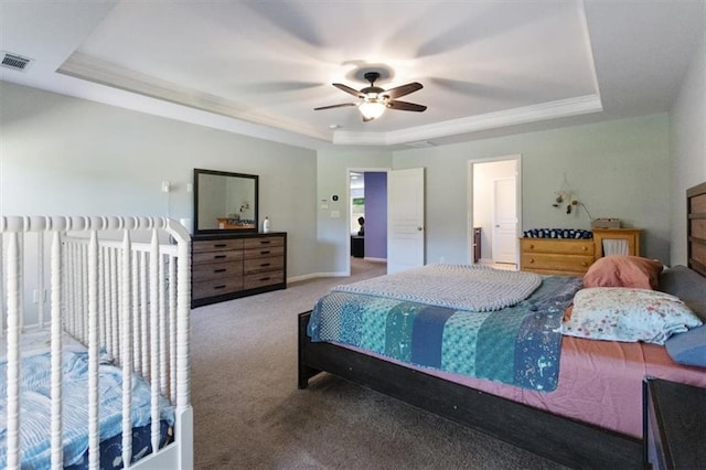 211 Parc Dr, Canton, GA 30114 - carpeted bedroom featuring a raised ceiling, ceiling fan, crown molding, and baseboards