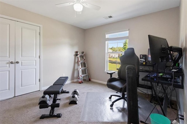 211 Parc Dr, Canton, GA 30114 - workout area featuring ceiling fan, baseboards, and carpet floors