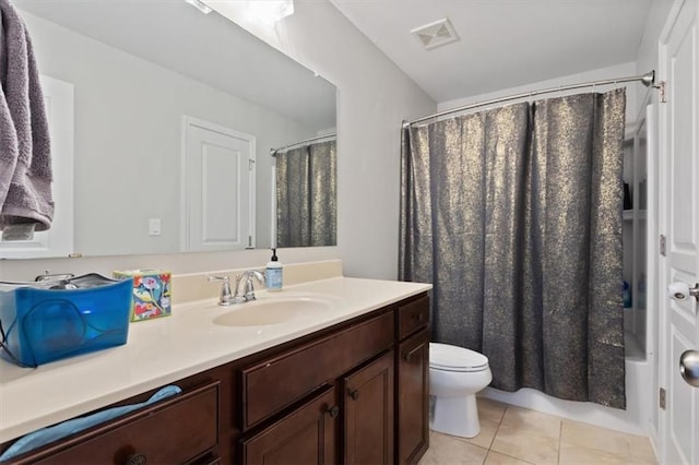 211 Parc Dr, Canton, GA 30114 - bathroom with vanity, toilet, tile patterned floors, and shower / bath combo with shower curtain