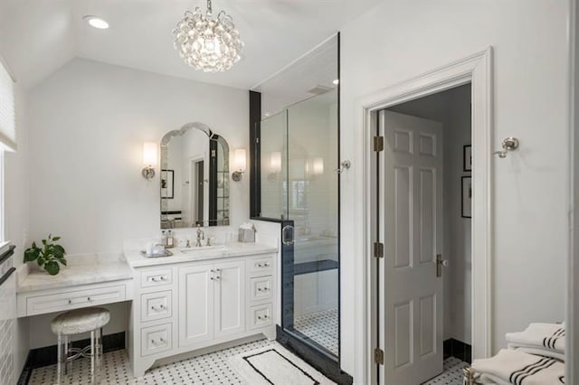 675 W Paces Ferry Rd NW Unit 11, Atlanta, GA 30327 - full bathroom with a stall shower, a chandelier, tile patterned floors, vaulted ceiling, and vanity