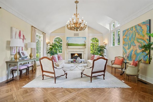 675 W Paces Ferry Rd NW Unit 11, Atlanta, GA 30327 - living area with baseboards, lofted ceiling, an inviting chandelier, and a lit fireplace