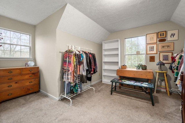 walk in closet with lofted ceiling and light carpet