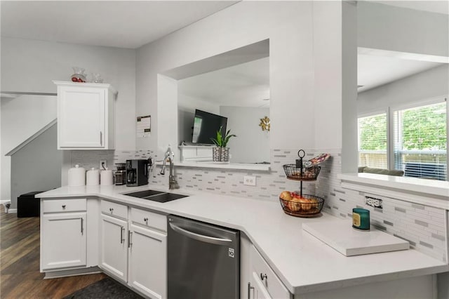 kitchen featuring tasteful backsplash, a sink, light countertops, dark wood-type flooring, and stainless steel dishwasher