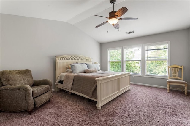 bedroom with ceiling fan, light carpet, visible vents, baseboards, and vaulted ceiling
