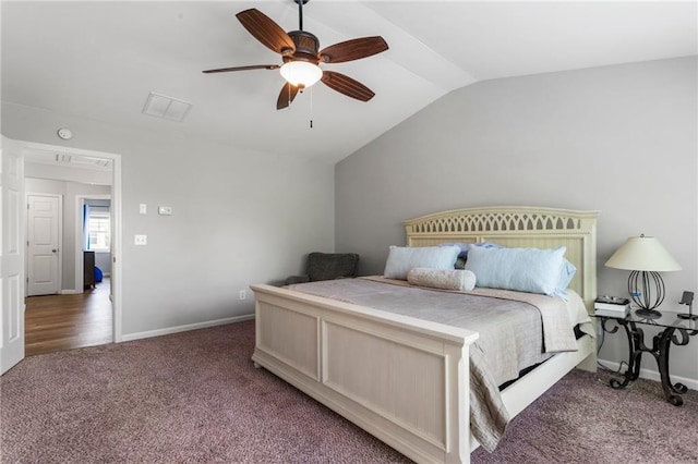 bedroom featuring carpet flooring, a ceiling fan, baseboards, lofted ceiling, and visible vents