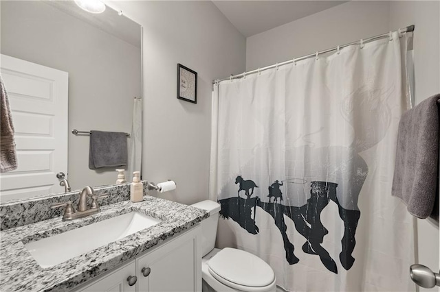 bathroom featuring vanity, toilet, and a shower with curtain