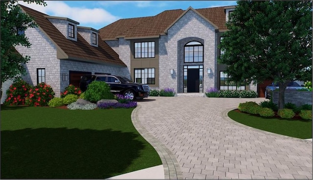 1146 Brookhaven Walk Way, Brookhaven, GA 30319 - french country style house with stone siding, curved driveway, and a front lawn