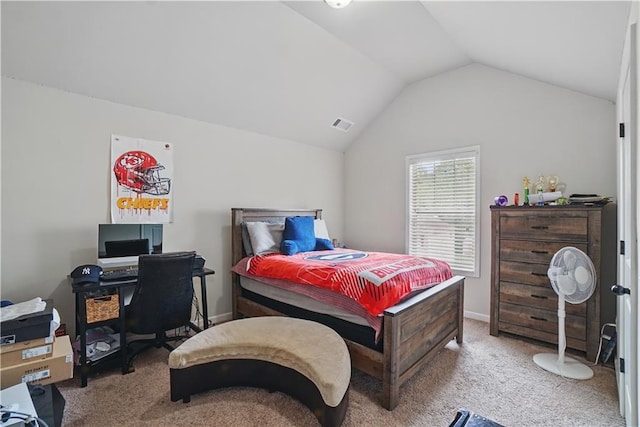 carpeted bedroom featuring visible vents and lofted ceiling