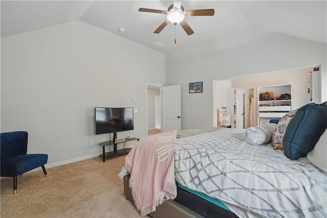 bedroom featuring ceiling fan, light colored carpet, and high vaulted ceiling