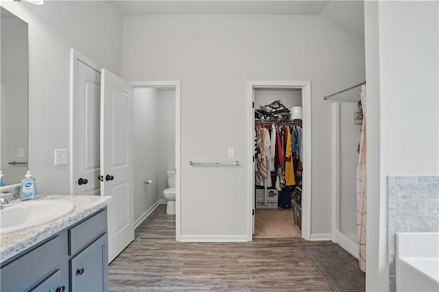 bathroom featuring vanity, wood finished floors, toilet, a bath, and a stall shower