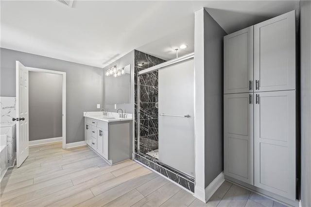 bathroom featuring vanity, wood-type flooring, and an enclosed shower