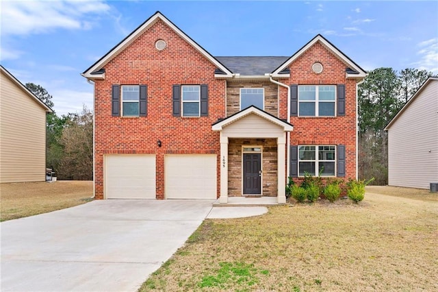 traditional home with brick siding, concrete driveway, a residential view, fence, and a front yard