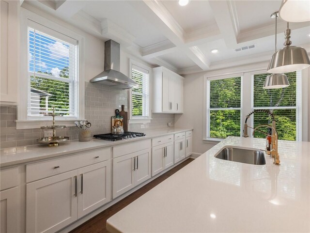 kitchen with tasteful backsplash, wall chimney range hood, sink, dark hardwood / wood-style flooring, and white cabinetry