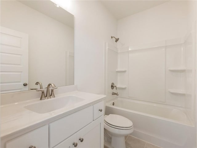 full bathroom with toilet, vanity,  shower combination, and tile patterned floors