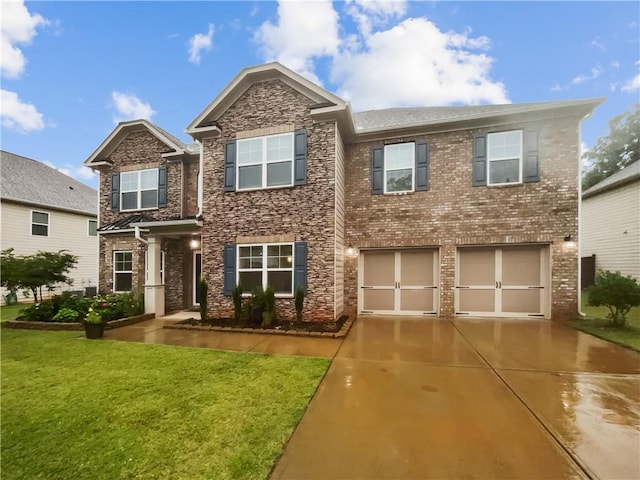 3650 Lindsy Brooke Ct, Douglasville, GA 30135 - view of front of house with driveway, a front yard, a garage, and stone siding
