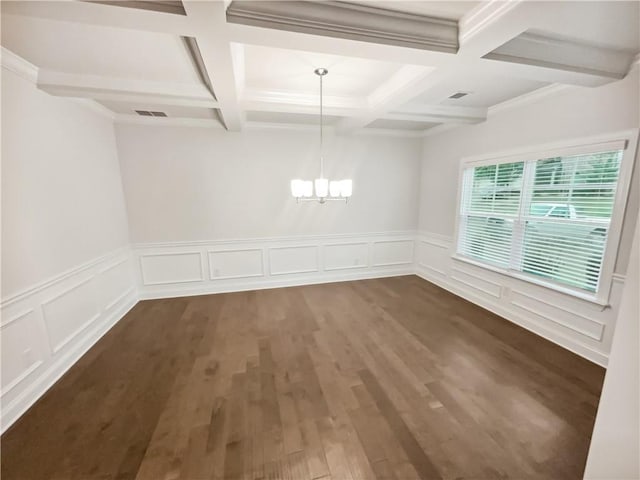 3650 Lindsy Brooke Ct, Douglasville, GA 30135 - unfurnished dining area featuring coffered ceiling, a chandelier, beam ceiling, dark wood-type flooring, and a decorative wall