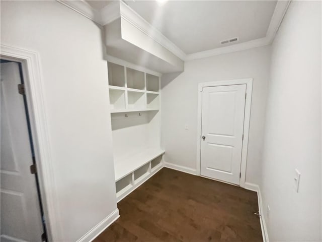 3650 Lindsy Brooke Ct, Douglasville, GA 30135 - mudroom with crown molding, dark wood finished floors, and baseboards