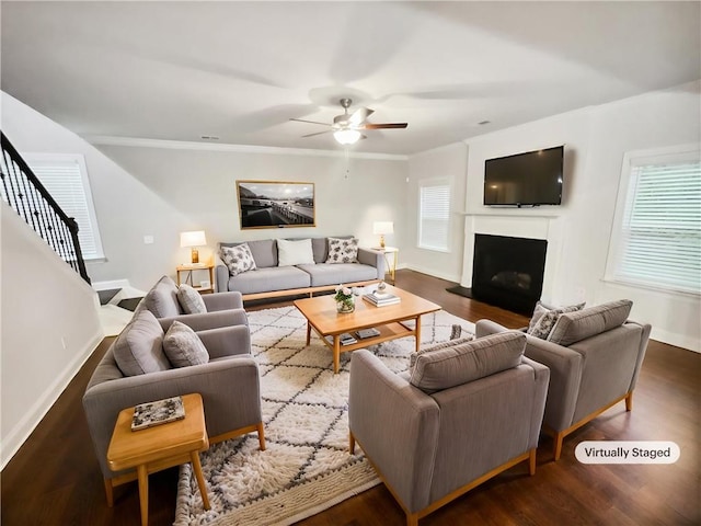 3650 Lindsy Brooke Ct, Douglasville, GA 30135 - living room with a ceiling fan, wood finished floors, baseboards, and a fireplace