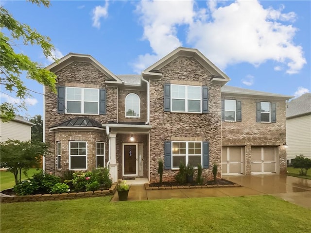 3650 Lindsy Brooke Ct, Douglasville, GA 30135 - view of front facade featuring concrete driveway, a front lawn, an attached garage, and stone siding