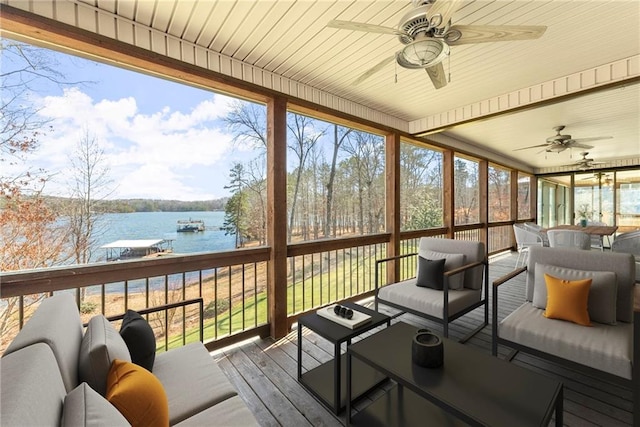 4777 Destitute Way, Gainesville, GA 30506 - sunroom featuring a water view, ceiling fan, and an outdoor living space
