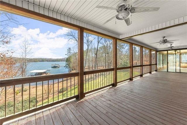 4777 Destitute Way, Gainesville, GA 30506 - unfurnished sunroom with a water view and a ceiling fan