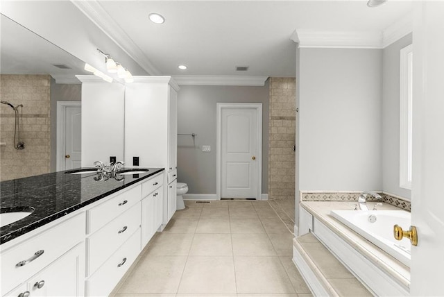 4777 Destitute Way, Gainesville, GA 30506 - bathroom with double vanity, a garden tub, toilet, a tile shower, and tile patterned floors