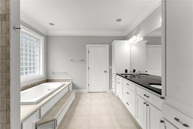 4777 Destitute Way, Gainesville, GA 30506 - full bathroom with a garden tub, double vanity, ornamental molding, tile patterned flooring, and baseboards