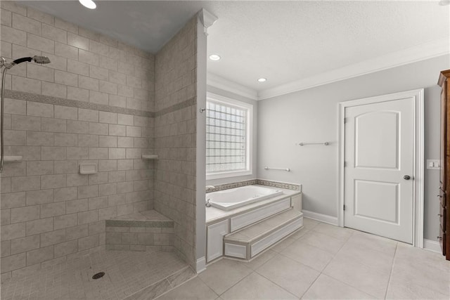 4777 Destitute Way, Gainesville, GA 30506 - full bath featuring a garden tub, tile patterned flooring, tiled shower, ornamental molding, and baseboards