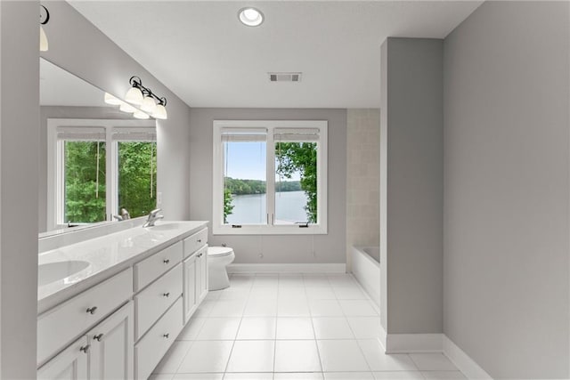4777 Destitute Way, Gainesville, GA 30506 - bathroom with baseboards, double vanity, toilet, tile patterned flooring, and a water view